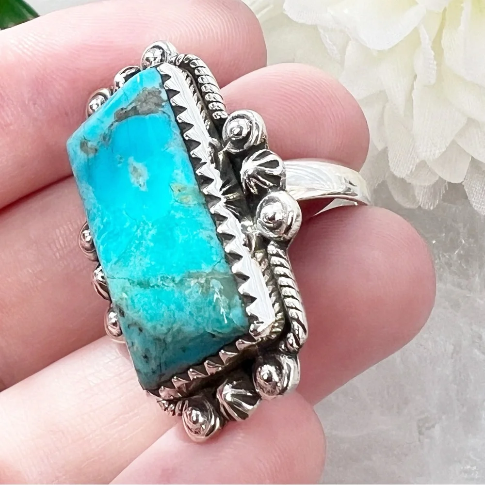 Genuine Mohave Turquoise Ring Size 8 Solid Sterling Silver 925 Native Southwest - Picture 6 of 10